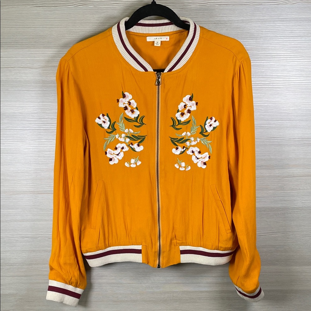 Le Lis Goldenrod Embroidered Floral Bomber Jacket Fully Lined | Medium
